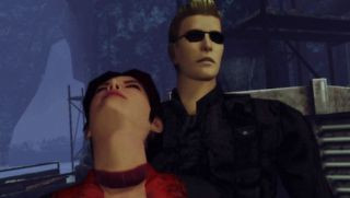 A man and a woman standing together during Resident Evil – Code: Veronica, one of the best Dreamcast games.
