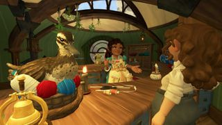 Tales of the Shire game screenshot featuring hobbits in a cozy kitchen setting.