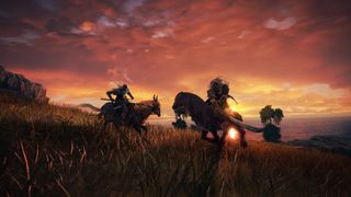 A cinematic shot of a player on horseback charging an enemy in Elden Ring, showcasing the game's vast open world