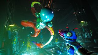 A scene from High on Life, showing the player facing an enemy.