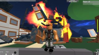 A screenshot of a player standing in front of a burning house in Roblox