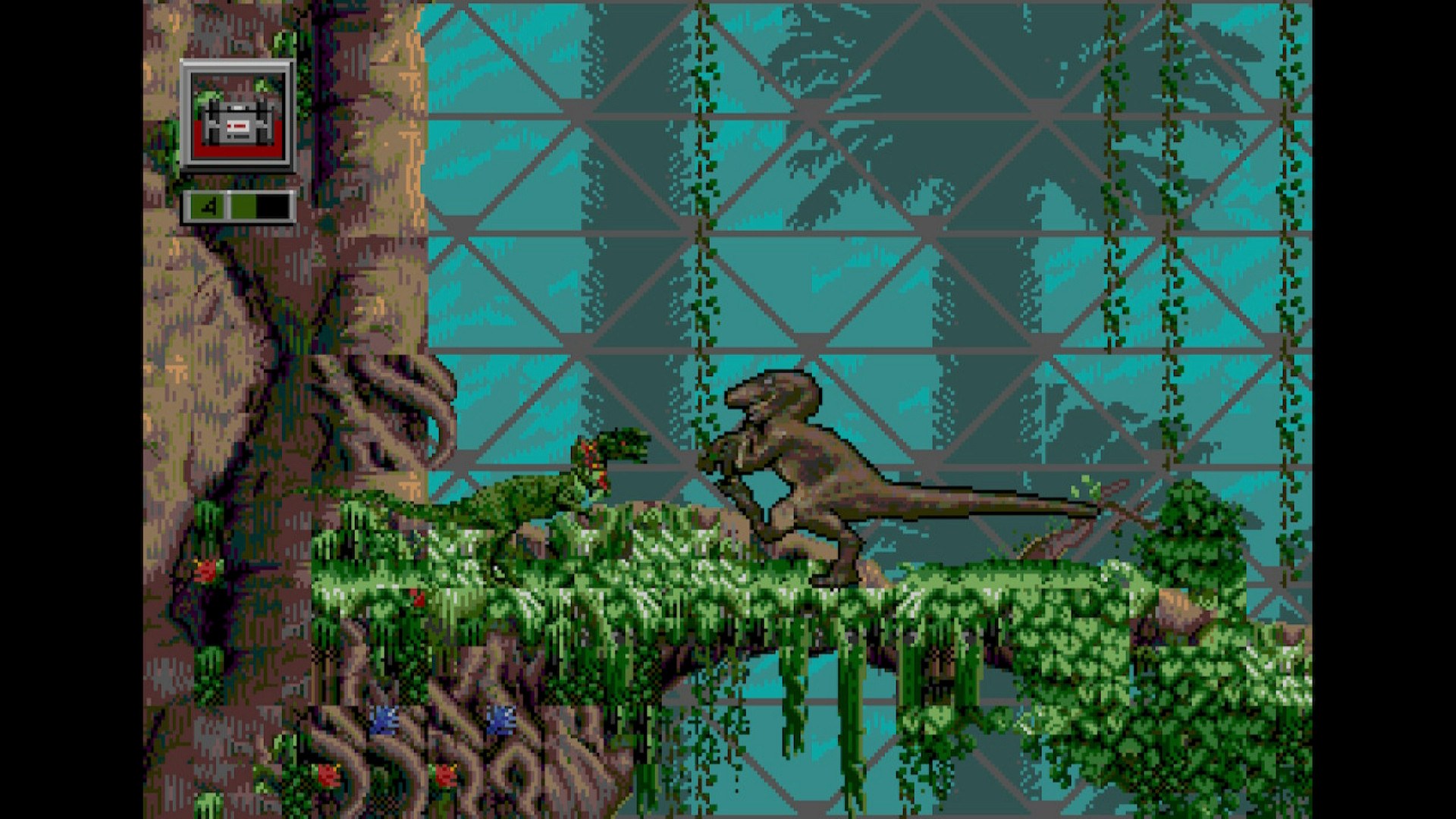 Jurassic Park: Rampage Edition level design showcasing scattered items and enemies