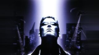 The cover art of Deus Ex showing a man staring up at a bright light in the sky