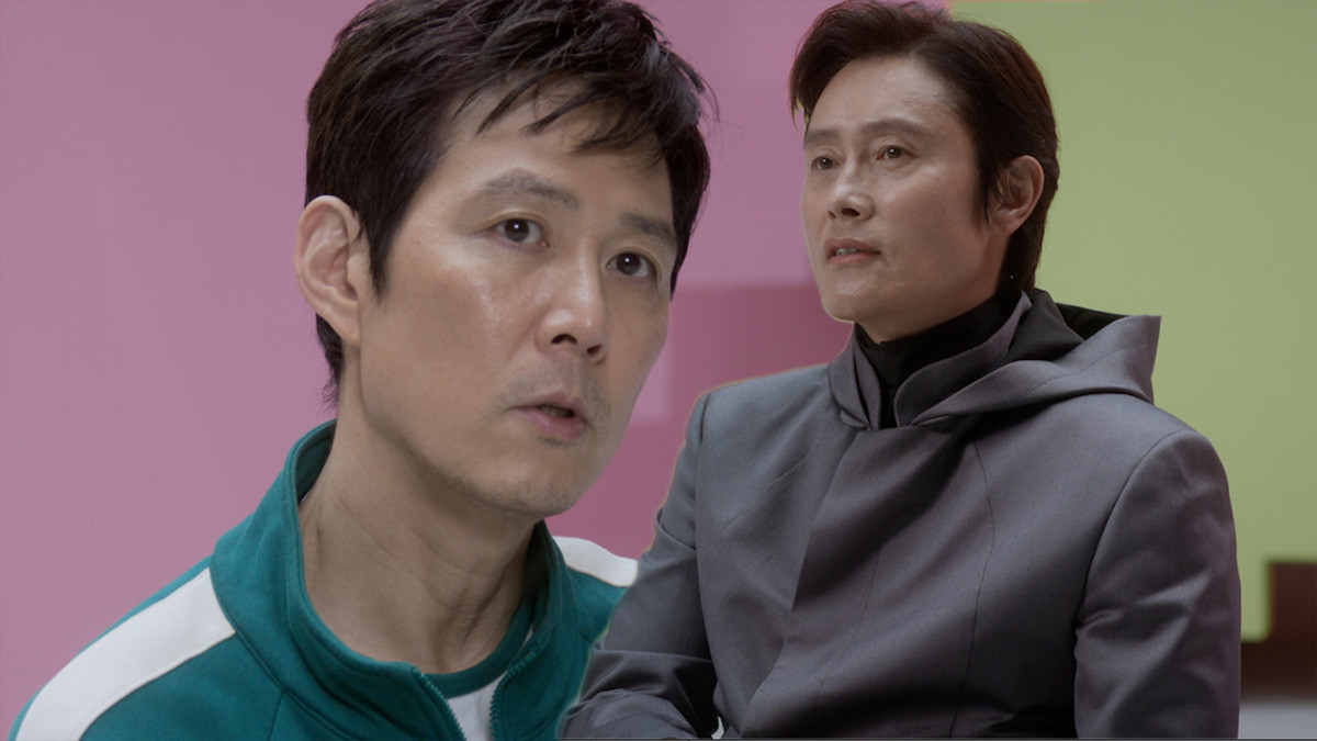 Split screen of Lee Jung-jae as Seong Gi-hun and Lee Byung-hun as Front Man from Season 2 of Squid Game, highlighting their continued rivalry