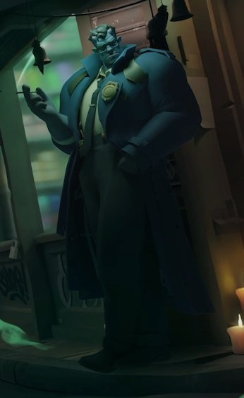 The Deadlock character Abrams, a large blue man with horns