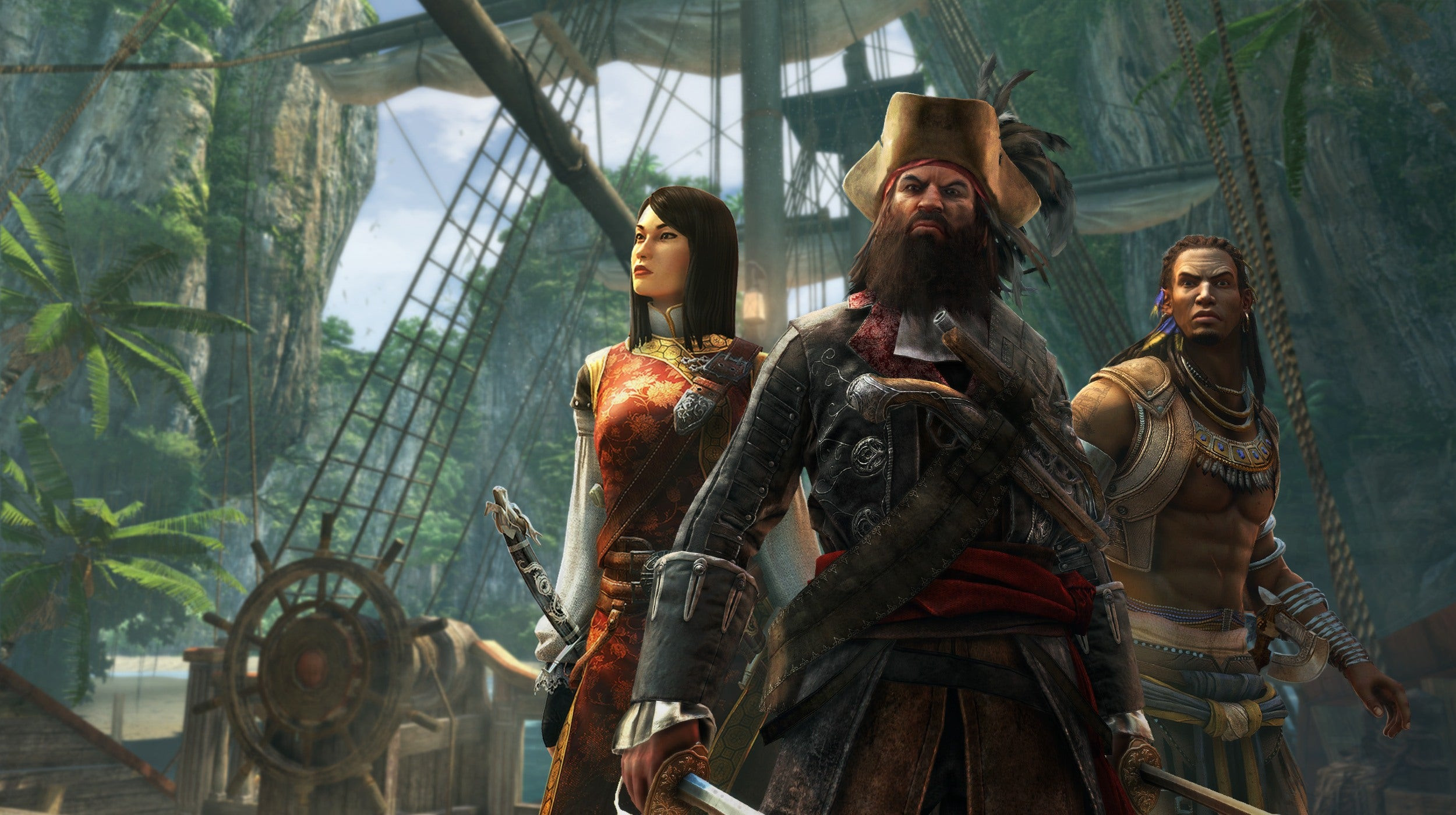 Three pirates stand together