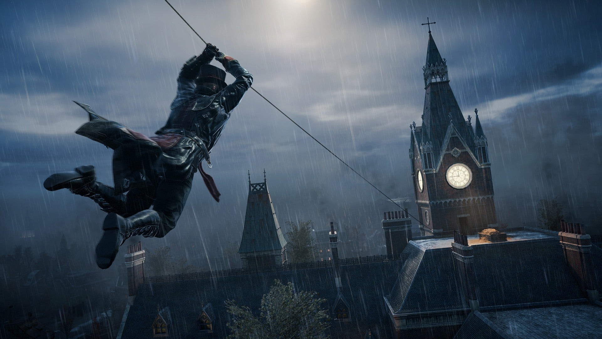 A figure in Victorian dress ziplines toward a clocktower in the rain