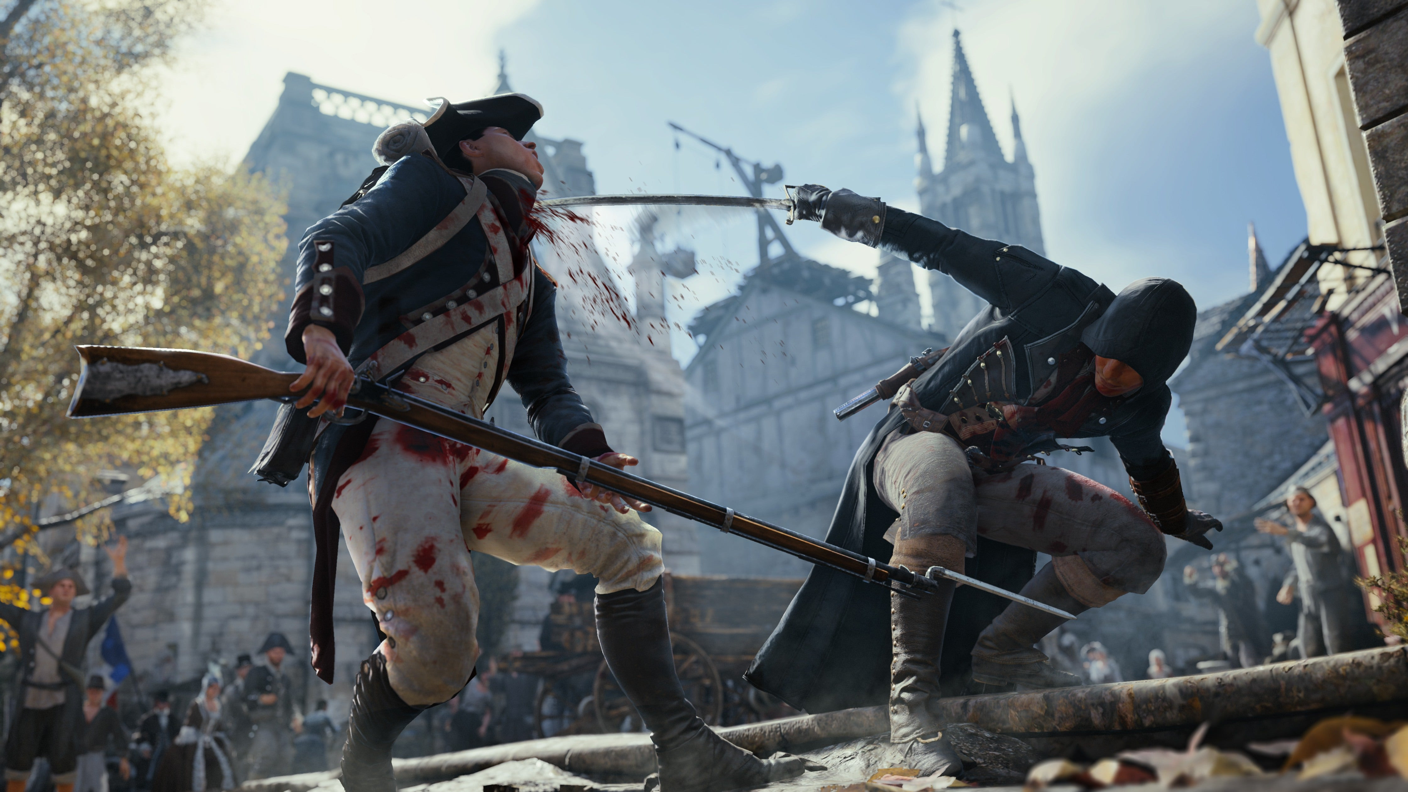 A man slashes the throat of a man in French Revolution dress, the slashed man is holding a long gun