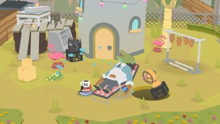 Donut County gameplay featuring a hole swallowing objects and growing larger, set in a whimsical and colorful environment