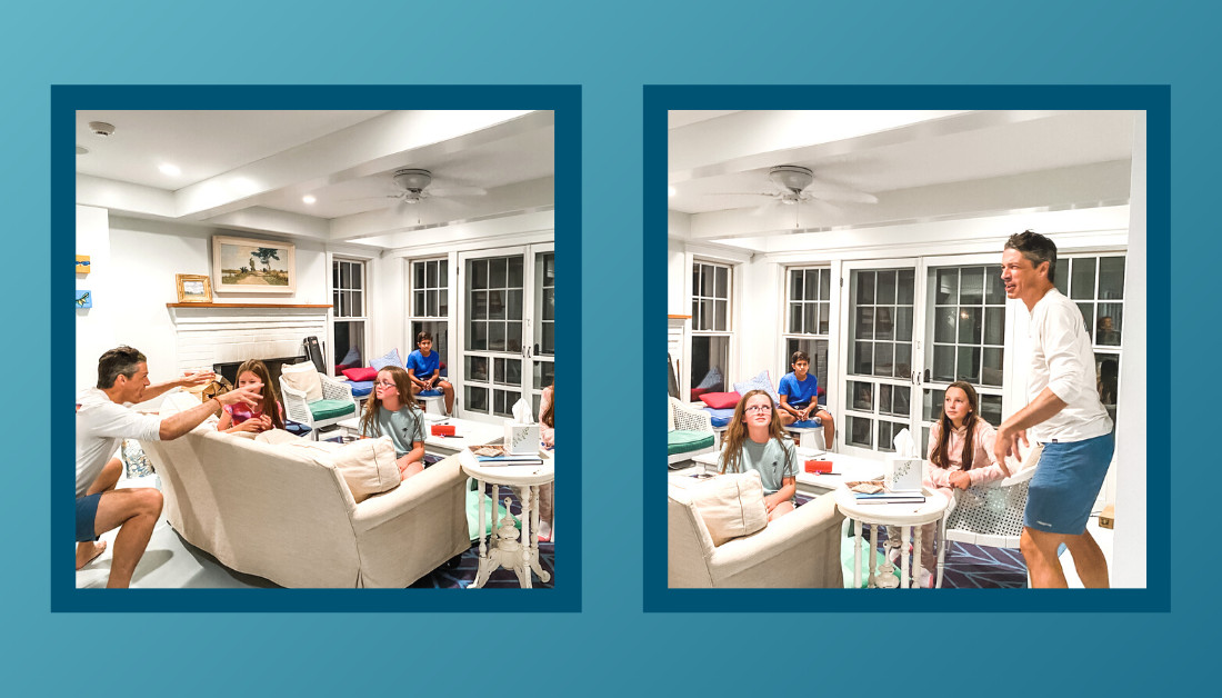 Group of people of various ages playing a guessing game