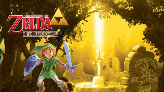 A Link Between Worlds official artwork of Link on a scene of the master sword