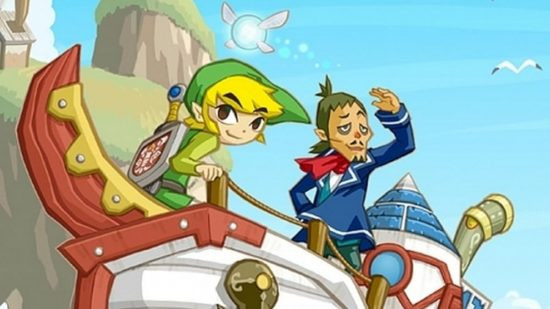 Link on a boat in Phantom Hourglass with another character and Navi