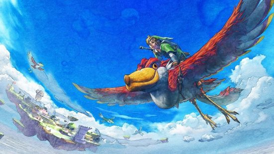 Skyward Sword official artwork of Link on a Loftwing