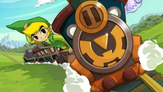 Official artwork of Link driving a train in Spirit Tracks