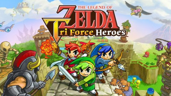 Tri Force Heroes official artwork with three Link-like characters