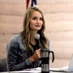 Angi Bruce, deputy director of the Wyoming Game and Fish Department, addresses the audience in July 2023 at the Sublette County Library during a meeting to gather public feedback on sage grouse core area revisions.