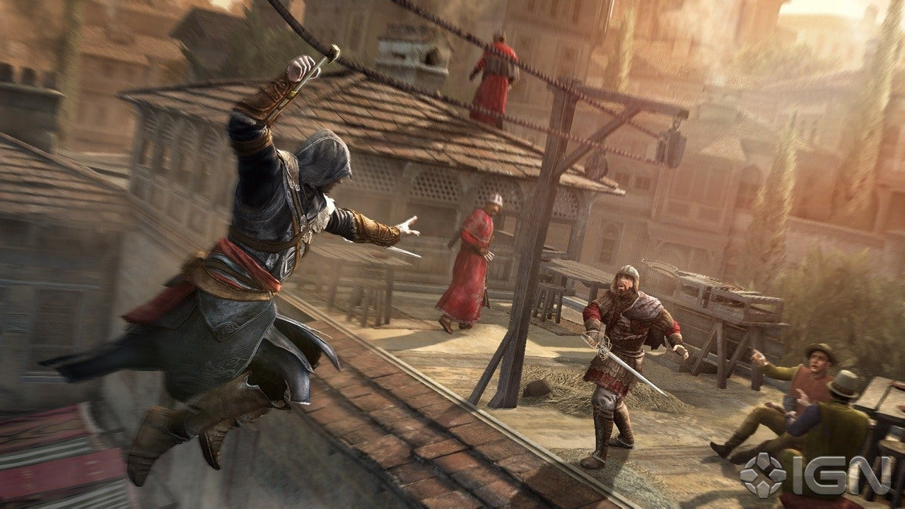 A hooded assassin zipwires toward a guard wielding a sword