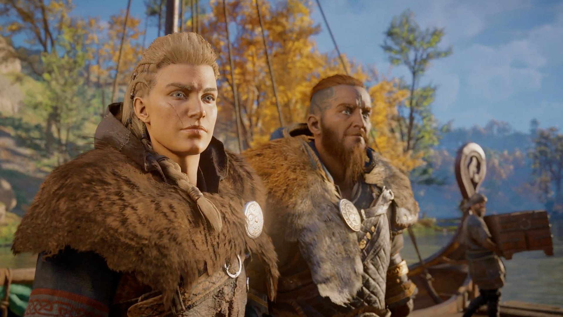 A female viking and male viking stand side to side