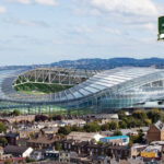 Aerial view of Aviva Stadium in Dublin, Ireland, hosting the Aer Lingus College Football Classic featuring Florida State University versus Georgia Tech.