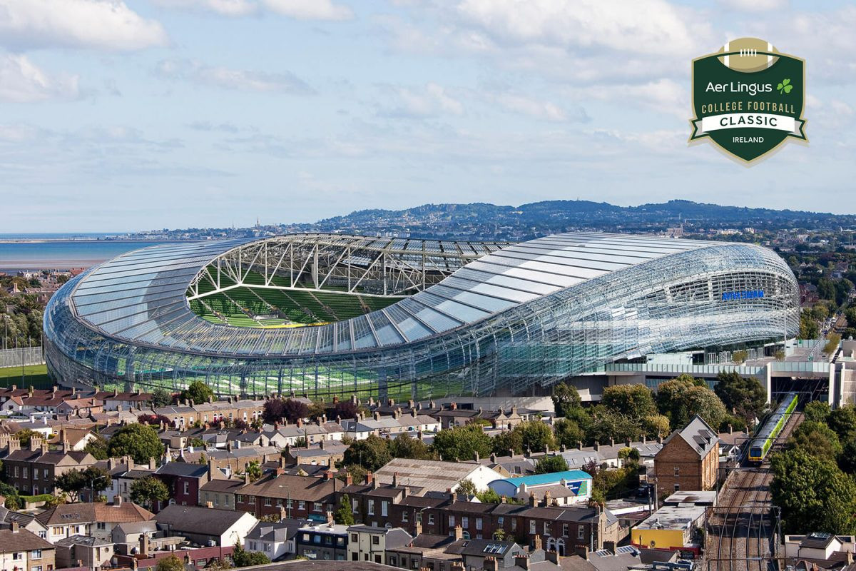 Aerial view of Aviva Stadium in Dublin, Ireland, hosting the Aer Lingus College Football Classic featuring Florida State University versus Georgia Tech.