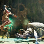 Two fantasy warriors attack a huge beetle in Avowed