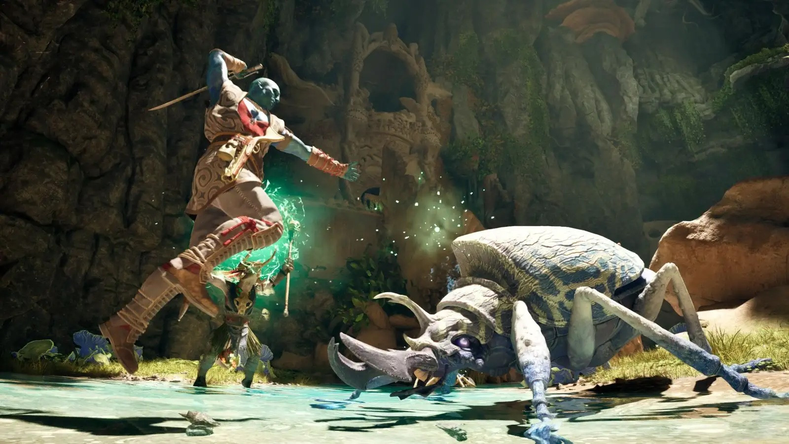 Two fantasy warriors attack a huge beetle in Avowed