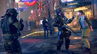 Watch Dogs: Legion features soldiers interacting with a civilian on a busy city street, highlighting the game's open-world environment and dynamic recruitment system.