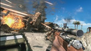 Battlefield 1943 screenshot showing a playing using a KAR-98 to shoot players while a building explodes