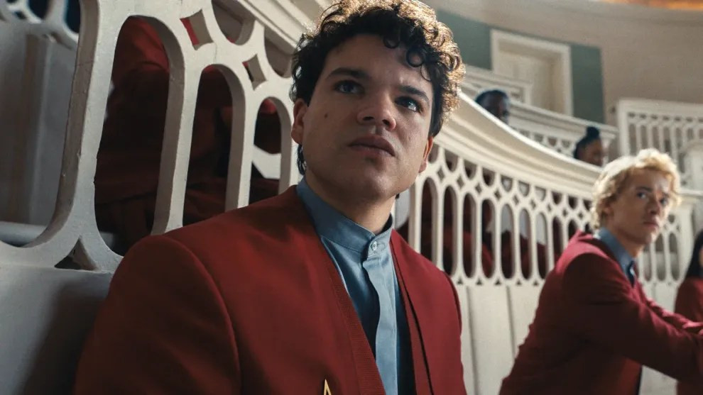 Josh Andrés Rivera as Sejanus Plinth, burdened with guilt, in The Hunger Games: The Ballad of Songbirds and Snakes
