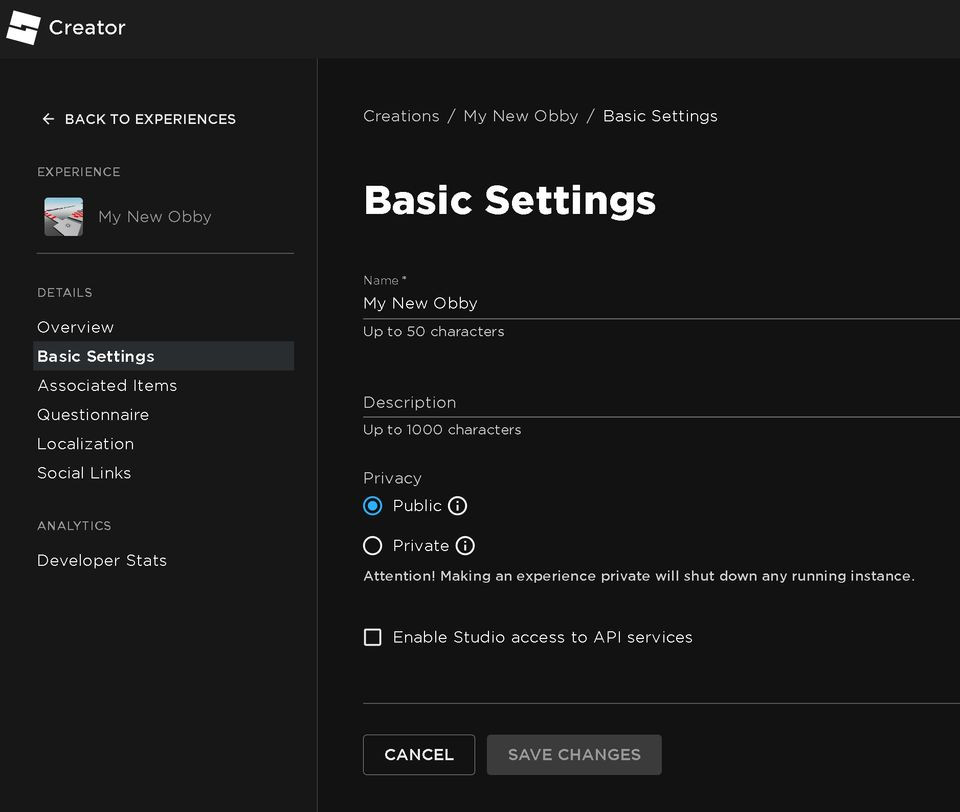 Basic Settings on Roblox Creator Dashboard