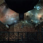 Batman gazes intensely, framed by the dark architecture of Arkham Asylum, showcasing the game's gritty atmosphere