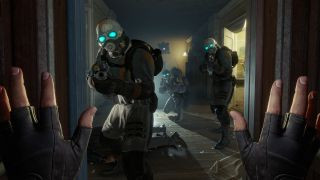 A player using a virtual reality headset to interact with the environment in Half-Life: Alyx, demonstrating VR immersion.