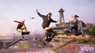 Tony Hawk game screenshot featuring skateboarding action and vibrant graphics.