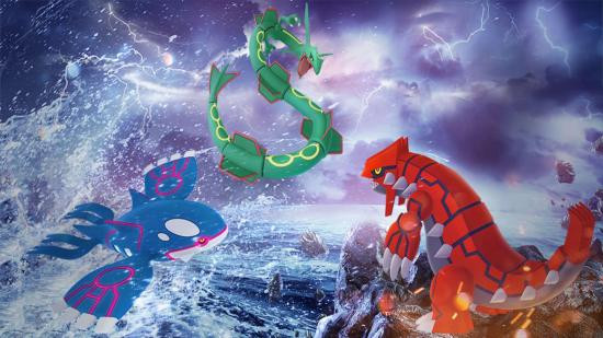 Groudon, Rayquaza, and Kyogre in Pokémon Go, a location-based game for Android in 2024.