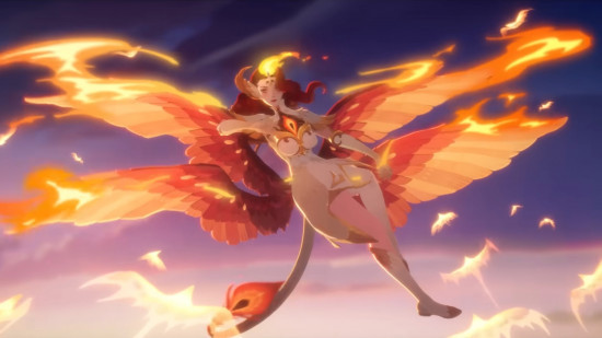 A person with fiery wings flying through a darkened sky in AFK Journey, one of the best Android games in 2024.