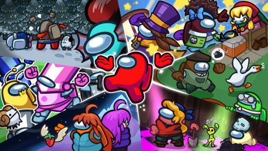 A bunch of Crewmates dressed as different indie characters in a promotional image made for Among Us, a popular social deduction game for Android in 2024.