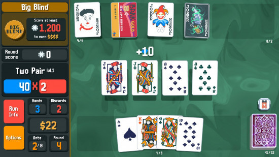 Someone playing a Poker hand with four Jokers in Balatro game, a favorite Android game of 2024.