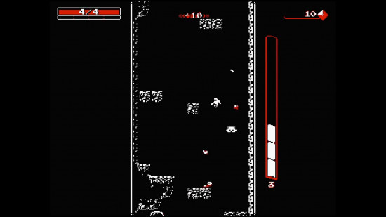 Someone descending into a well in this black and white mobile game, Downwell, a unique dungeon-descending roguelike for Android in 2024.