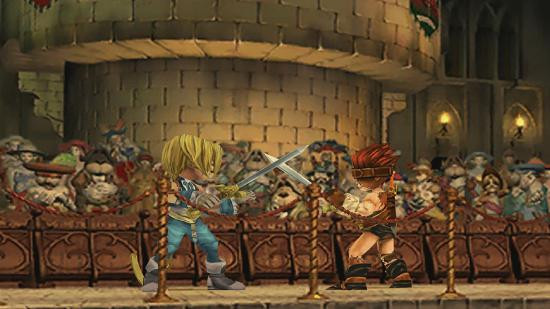 Two characters having a sword fight in Final Fantasy IX, a classic RPG for Android in 2024.
