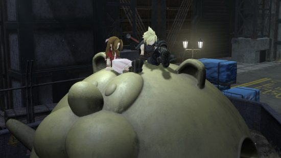 Aerith and Cloud sitting on a playground in Final Fantasy VII Ever Crisis, a gacha game for Android in 2024.