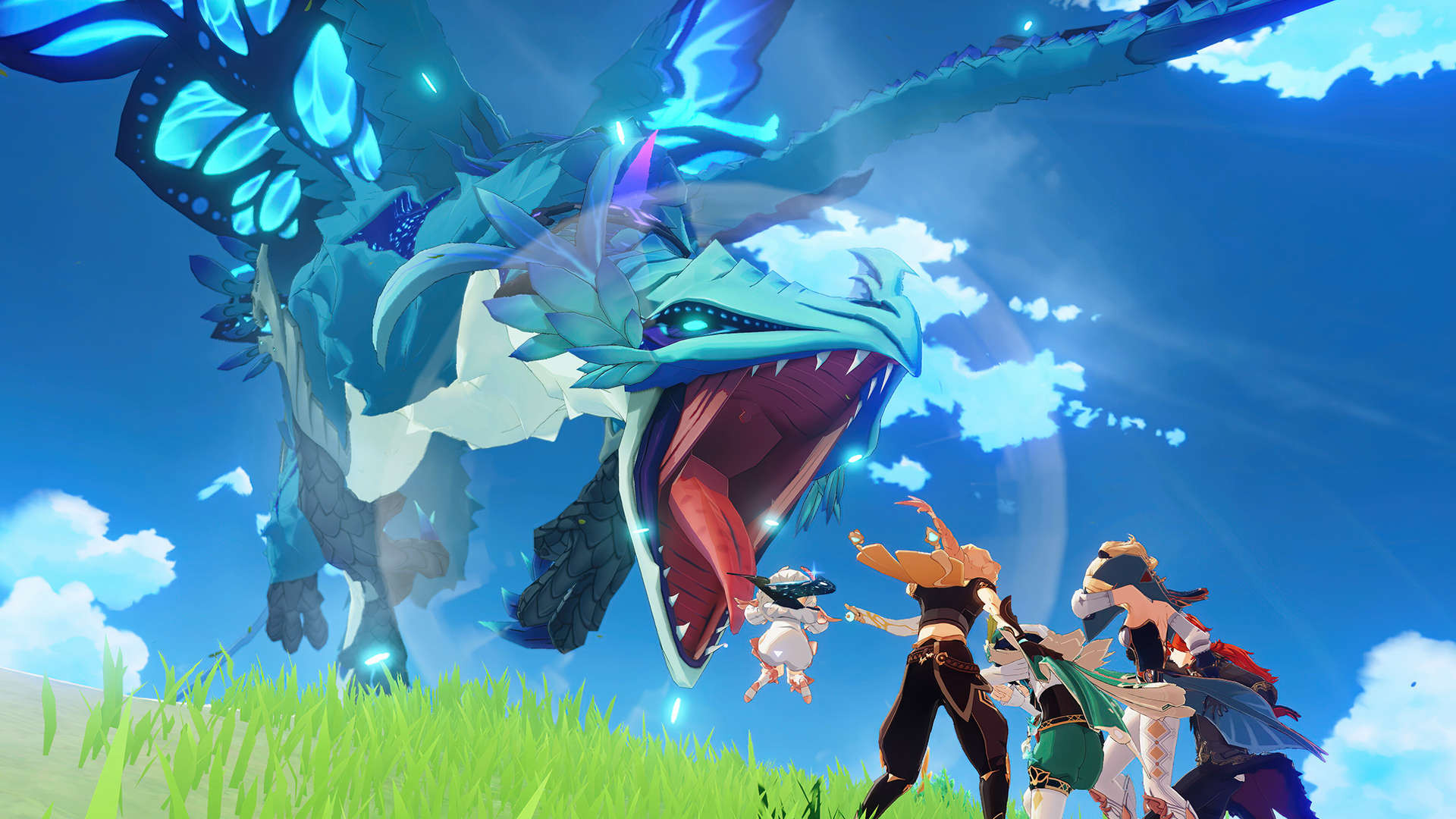 A dragon roaring at two people in Genshin Impact, a popular open-world RPG for Android in 2024.