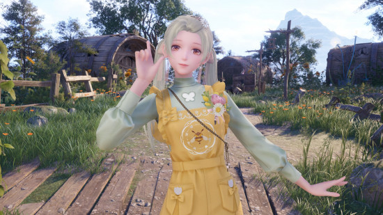 Nikki from Infinity Nikki in her bug-catching outfit posing in front of Barrel Home, a cute game for Android in 2024.