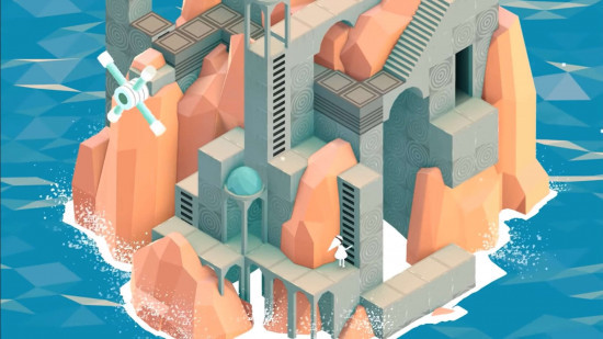 A small character climb a tower surrounded by water in Monument Valley, a smart and beautiful puzzle game for Android in 2024.