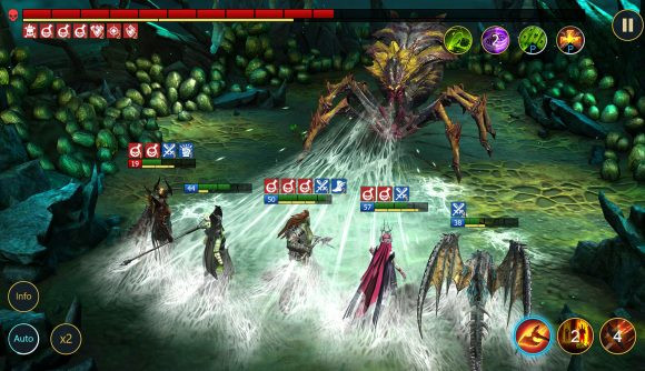 A giant boss spider spits webs at a team of heroes in Raid: Shadow Legends, a great gacha game for Android in 2024.