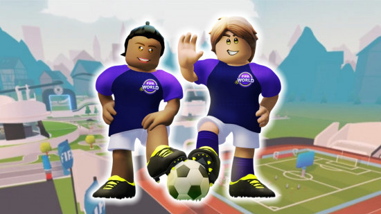 Football players in a purple uniform in front of an arena and pitch in Roblox, a game platform with something for everyone for Android in 2024.