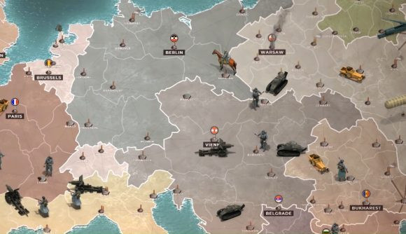 A map of Europe with various military vehicles on it in Supremacy 1914, one of the best Android games.