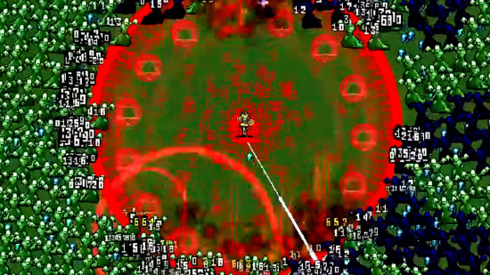 A screenshot of a powerful AoE attack in Vampire Survivors, a gothic horror survival game for Android in 2024.
