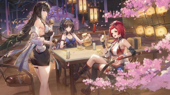 Three Wuthering Waves characters having a drink next to a cherry blossom tree, an open-world action RPG for Android in 2024.
