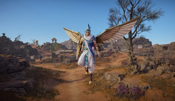 Naraka Bladepoint: A man with angle wings descends onto desert lands