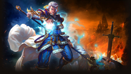 Best browser games Eternal Fury Resurrected Image shows a person standing amidst a fiery landscape